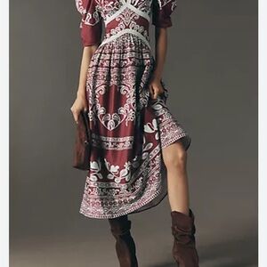 Anthropologie Plum Puff Sleeve Maxi/Midi Dress Sz L New with Tags